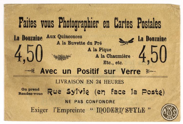 Sobre de la impremta Modern Style anunciant feu-vos fotografiar en targetes postals.