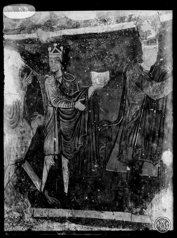Detall de les pintures murals de l'absis major amb els reis mags. Església de Santa Maria de Barberà. Barberà del Vallès