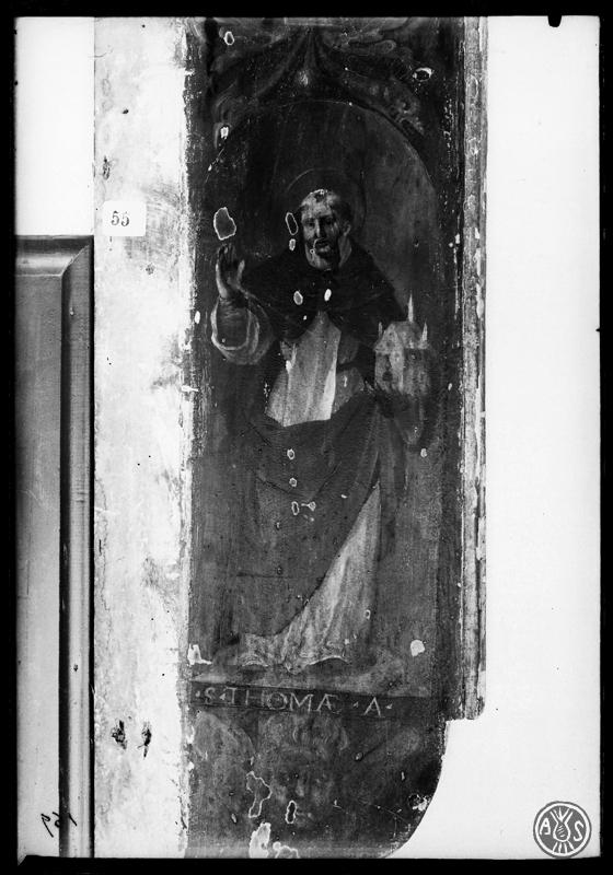 Sant Tomàs d'Aquino. Detall de les polseres del retaule de Sant Vincenç de Jonqueres. Exposició rosariana. Acadèmia Catòlica. Sabadell
