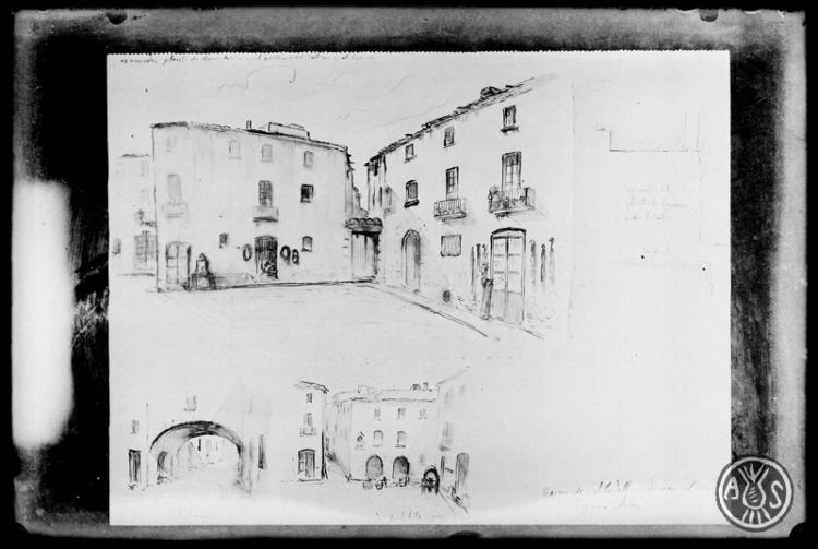Dibuix de Domènec Soler de la raconada de la plaça Manresa, l'arc de la Borriana i l'entrada del carrer de la Salut. Sabadell.