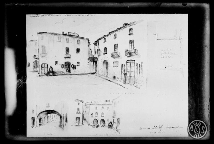 Dibuix de Domènec Soler de la raconada de la plaça Manresa, l'arc de la Borriana i l'entrada del carrer de la Salut. Sabadell