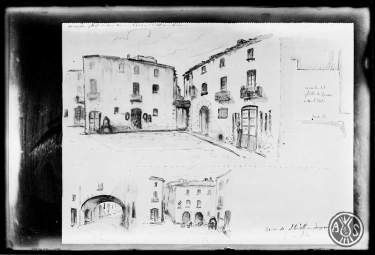 Dibuix de Domènec Soler de la raconada de la plaça Manresa, l'arc de la Borriana i l'entrada del carrer de la Salut