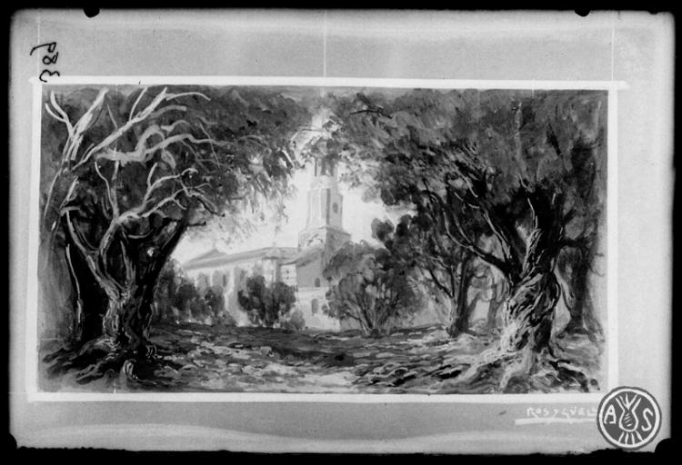 Projecte de decorat original de Ros i Güell per a la representació de la comèdia de costums sabadellencs, original de J. Serracant Manau titulada L'Encís de Can Feu. Sabadell