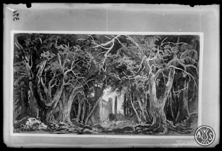 Projecte de decorat executat per l'escenògraf Antoni Ros Güell. Obra de teatre L'encís de Can Feu de J. Serracant Manau. Sabadell