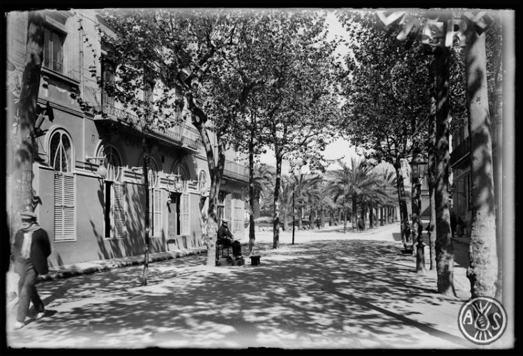 Principi de la Rambla de Sabadell amb les palmeres de la plaça del Doctor Robert al fons. Sabadell