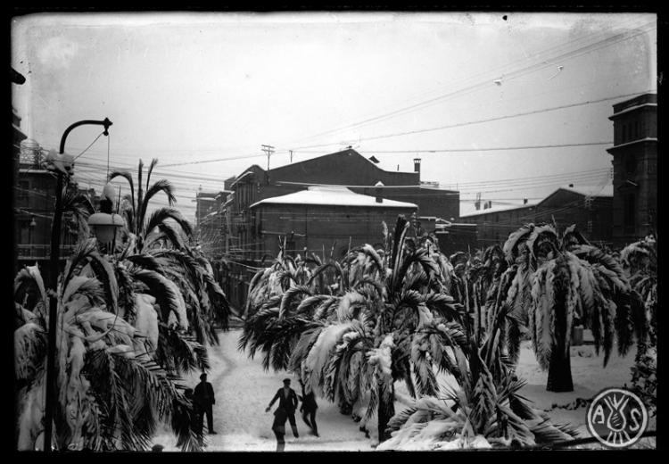 Panoràmica de Sabadell nevat des del campanar de Sant Feliu. Sabadell