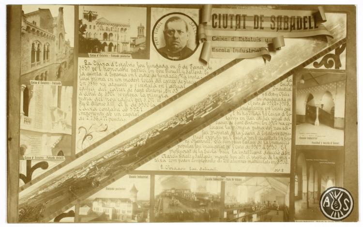 Composició amb diferents imatges de Sabadell. Al centre en diagonal una panoràmica de la ciutat feta per Josep Boixadera. Edició postal.