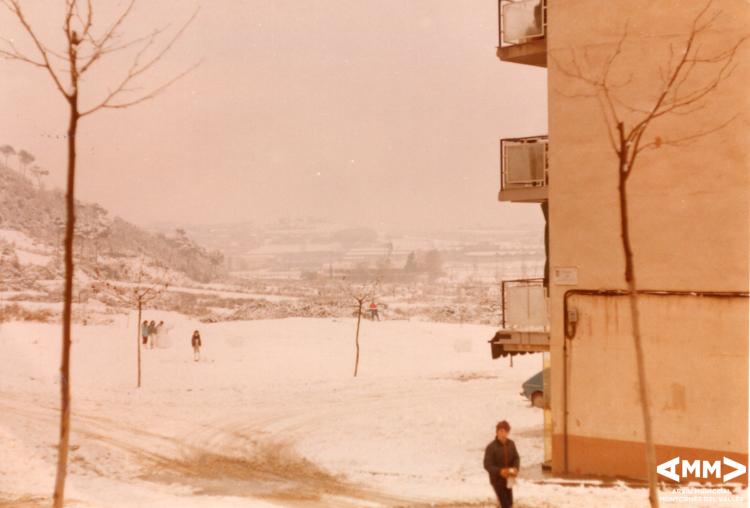Infants jugant amb la neu a Montornès Nord