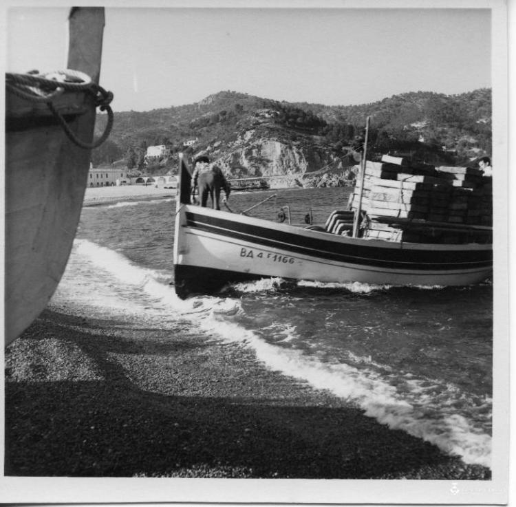 Barca de pesca arribant a la platja de Tossa de Mar (la Selva)