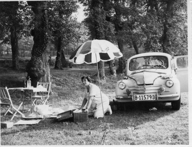 Dona sota un parasol preparant un picnic