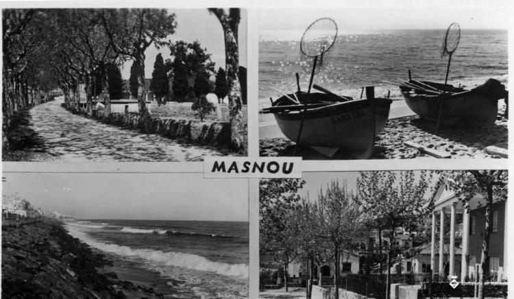 Targeta postal dividida en quatre meitats amb diferents imatges del Masnou