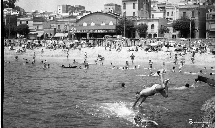 Platja, banyistes, espigó