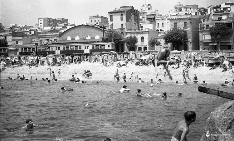 Platja, banyistes, espigó