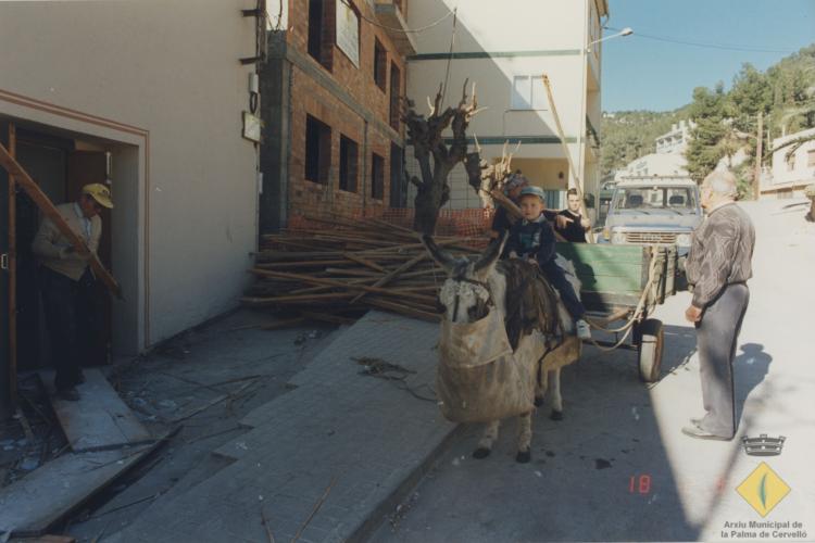 Retirada dels llistons del cel ras amb carro arrossegat per un ruc durant les obres de manteniment de l'Aliança Palmarenca