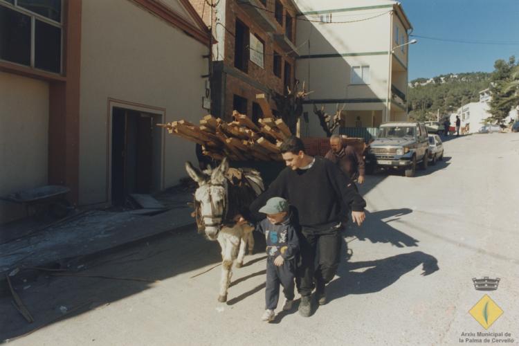 Retirada dels llistons del cel ras amb carro arrossegat per un ruc durant les obres de manteniment de l'Aliança Palmarenca