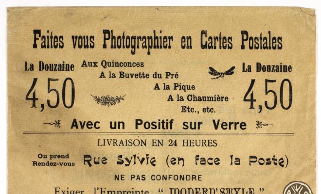 Sobre de la impremta Modern Style anunciant feu-vos fotografiar en targetes postals.