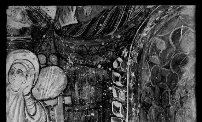 Detall de les pintures murals de l'església romànica de Santa Maria de Barberà. Barberà del Vallès