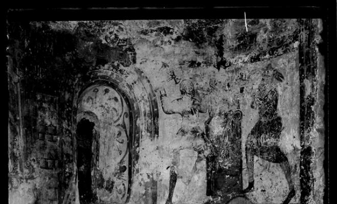 Detall de les pintures murals de l'absis major de l'església de Santa Maria de Barberà. Barberà del Vallès