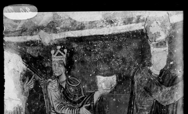 Detall de les pintures murals de l'absis major amb els reis mags. Església de Santa Maria de Barberà. Barberà del Vallès