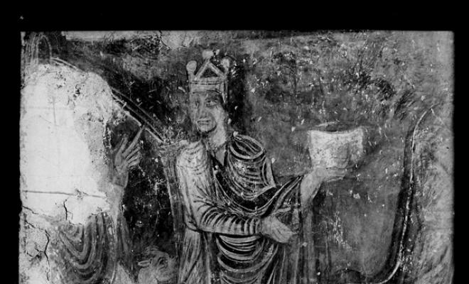 Detall de les pintures murals de l'absis major amb els reis mags. Església de Santa Maria de Barberà. Barberà del Vallès