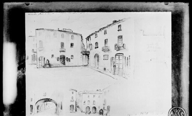 Dibuix de Domènec Soler de la raconada de la plaça Manresa, l'arc de la Borriana i l'entrada del carrer de la Salut. Sabadell.