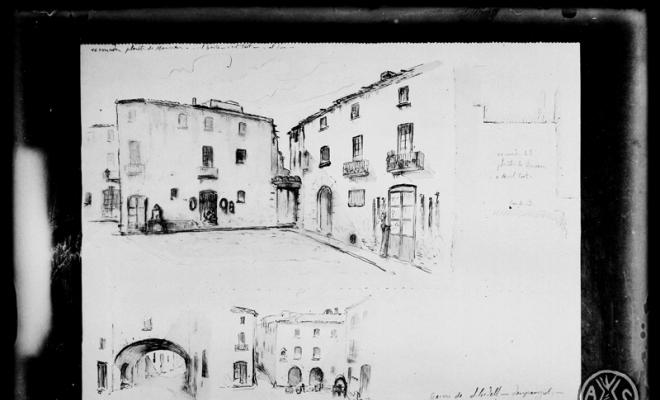 Dibuix de Domènec Soler de la raconada de la plaça Manresa, l'arc de la Borriana i l'entrada del carrer de la Salut. Sabadell