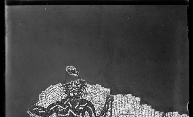 Mosaic de tessel·les blanques i negres amb la figura d'un Neptú procedent de la vil·la romana de la Salut. Sabadell.