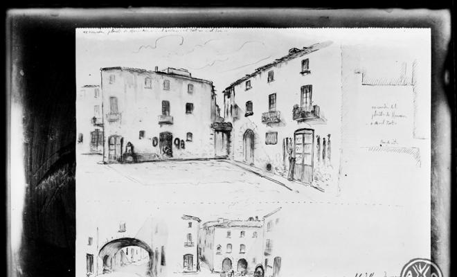 Dibuix de Domènec Soler de la raconada de la plaça Manresa, l'arc de la Borriana i l'entrada del carrer de la Salut