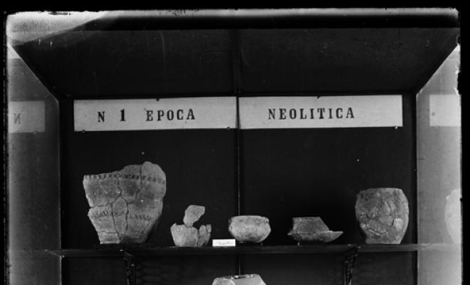 Vitrina amb material neolític del Museu d'Història de Sabadell el dia de la seva inauguració. Sabadell