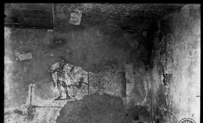 Mosaic de tessel·les blanques i negres amb la figura d'un Neptú procedent de la vil·la romana de la Salut. Sabadell