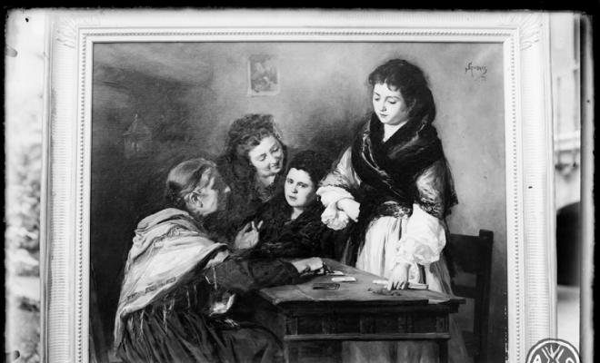 La adivinadora, pintura a l'oli de Simon Gómez que va existir a la residència de la família Barata. Sabadell