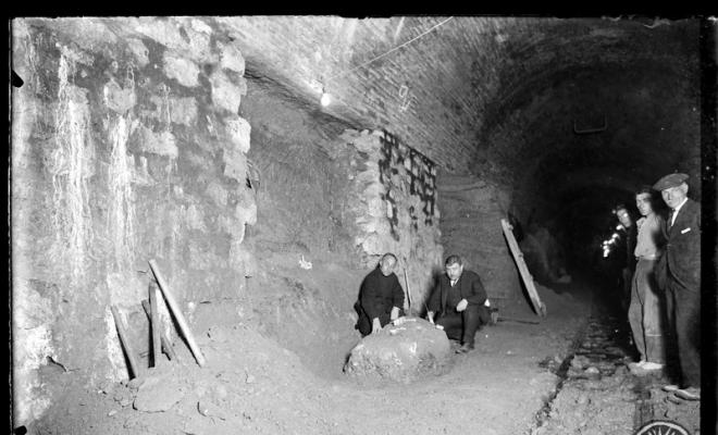 Restes del mastodont (Tetralophodon longirostris ) trobades en les excavacions per a la construcció del túnel dels Ferrocarrils Catalans (FF.CC). Sabadell
