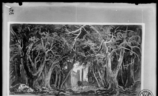 Projecte de decorat executat per l'escenògraf Antoni Ros Güell. Obra de teatre L'encís de Can Feu de J. Serracant Manau. Sabadell