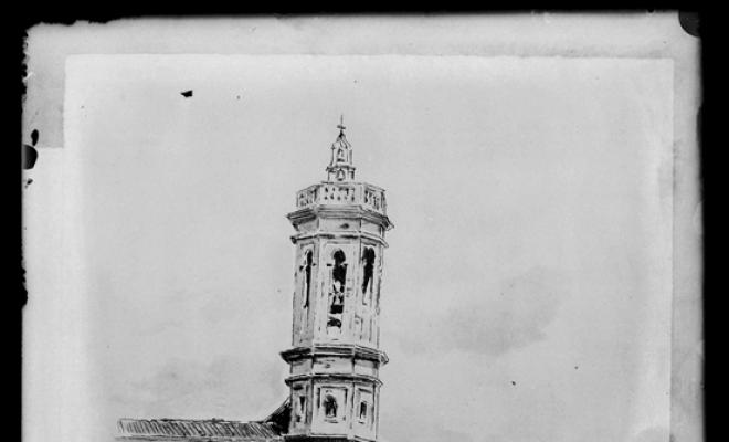 Dibuix de Domènec Soler Gili del campanar de Sant Feliu i les construccions al seu voltant a finals del s. XIX. Sabadell