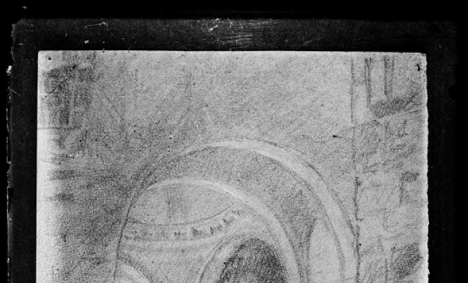 Creuer de la capella del Santíssim Sacrament, altar nostra senyora de Montserrat i nostra senyora de Gràcia, tal i com va quedar després de l'incendi de 1909. Dibuix d'Antoni Vila Arrufat. Sabadell