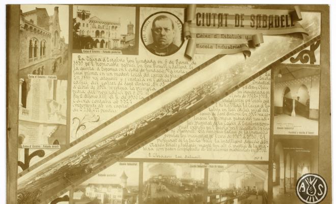 Composició amb diferents imatges de Sabadell. Al centre en diagonal una panoràmica de la ciutat feta per Josep Boixadera. Edició postal.