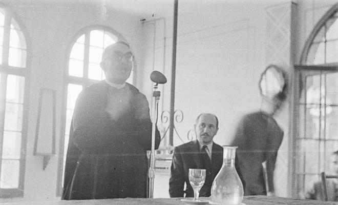 Actes de la festa inaugural de la restaurada Societat Coral La Unió Santcugatenca. Parlaments de mossèn Joan Clech.