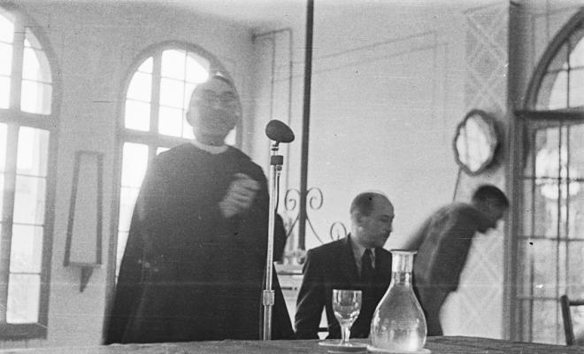 Actes de la festa inaugural de la restaurada Societat Coral La Unió Santcugatenca. Parlaments de mossèn Joan Clech.