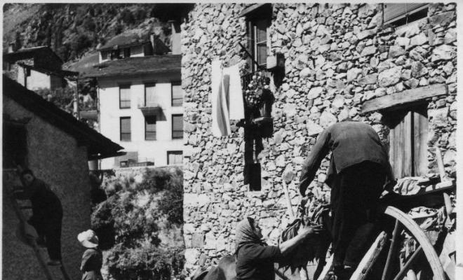 Treballs de càrrega de fulles de tabac a un carro a Andorra la Vella