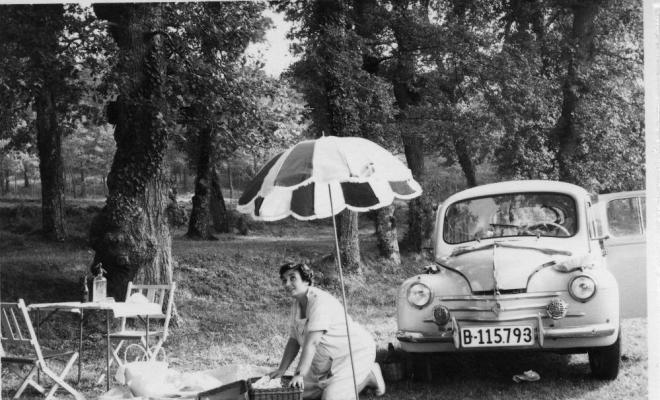 Dona sota un parasol preparant un picnic