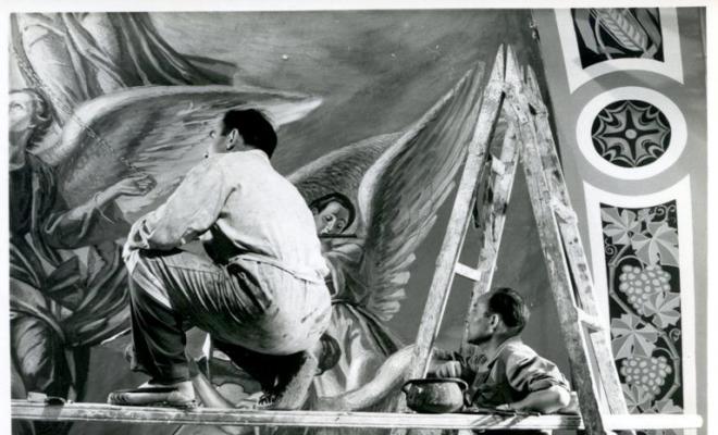 J. Brunet pintant les pintures de la cúpula de la Capella del Santíssim
