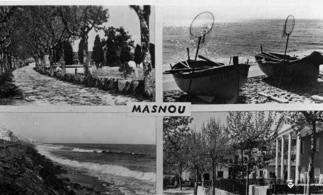 Targeta postal dividida en quatre meitats amb diferents imatges del Masnou