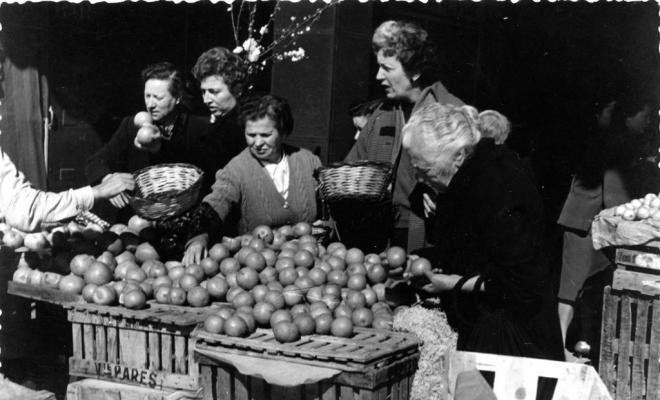 Parada de fruita davant el mercat municipal