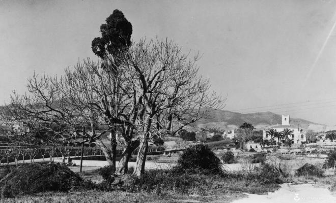 Vista d'uns camps amb una masia al fons