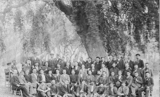 Grup nombrós d'homes a un bosc o parc