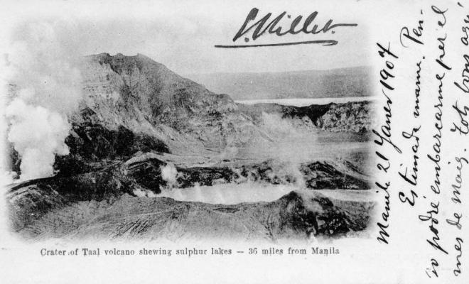 Crater of Taal volcano shewing sulphur lakes - 36 miles from Manila