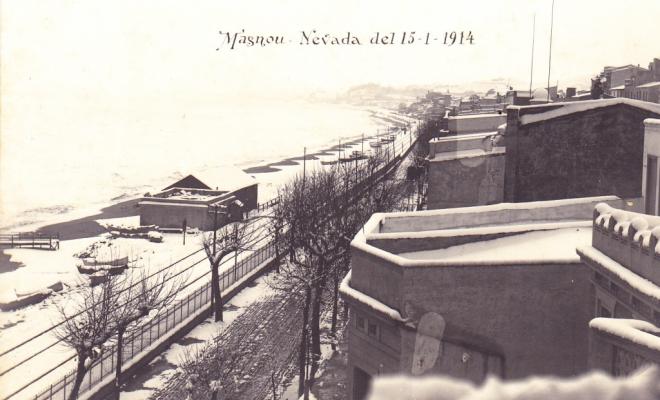 Nevada de 1914, vista del camí ral, les vies i la platja