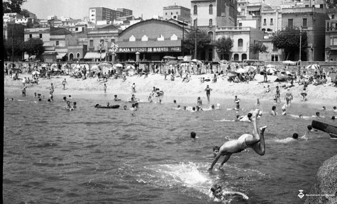 Platja, banyistes, espigó