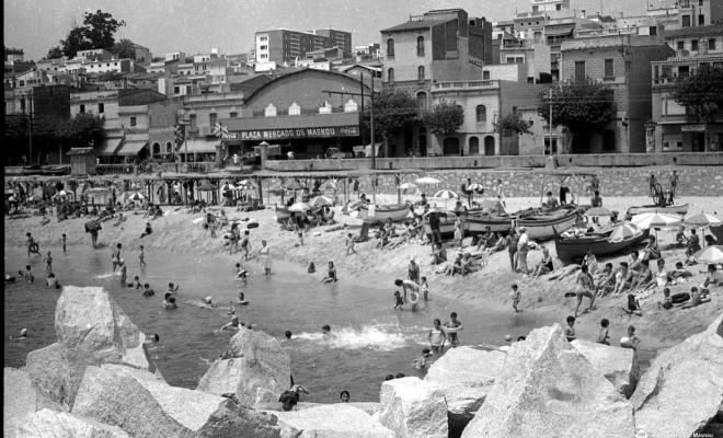 Platja, banyistes, espigó