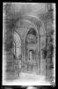 Creuer de la capella del Santíssim Sacrament, altar nostra senyora de Montserrat i nostra senyora de Gràcia, tal i com va quedar després de l'incendi de la Setmana Tràgica. Dibuix d'Antoni Vila Arrufat. Sabadell
